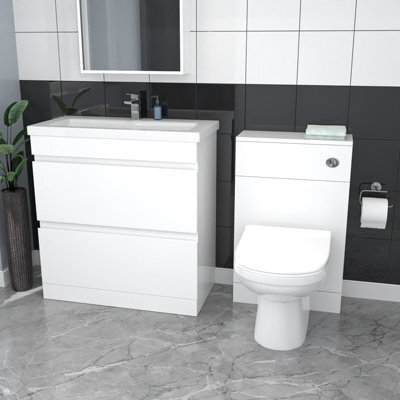 Nes Home White Floor Standing 800mm Vanity Unit 2 Drawers Wc Unit & Btw Toilet - image 1