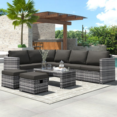 Matteo Elegant Grey Rattan Garden Corner Sofa Set With Coffee Table And 2 Footstools - Seats 8 - image 1