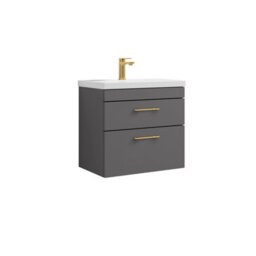 Balterley Millwich 2 Drawer Wall Hung Vanity Basin Unit - 600mm - Gloss Grey With Brushed Brass D-Shaped Handles (Tap Not Included)