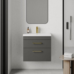 Balterley Millwich 2 Drawer Wall Hung Vanity Basin Unit - 600mm - Gloss Grey With Brushed Brass D-Shaped Handles (Tap Not Included) - thumbnail 2