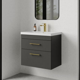 Balterley Millwich 2 Drawer Wall Hung Vanity Basin Unit - 600mm - Gloss Grey With Brushed Brass D-Shaped Handles (Tap Not Included) - thumbnail 4