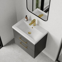 Balterley Millwich 2 Drawer Wall Hung Vanity Basin Unit - 600mm - Gloss Grey With Brushed Brass D-Shaped Handles (Tap Not Included) - thumbnail 5