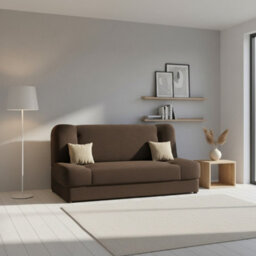 Jonas Living Room Sofa Bed With Click Clack Sleeping Surface Storage Container Wooden Frame Brown And Beige Pillows