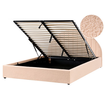 Beliani Ottoman Bed Boucle Chadenet 160 X 200 Cm (Eu King Size) Peach Pink - image 1