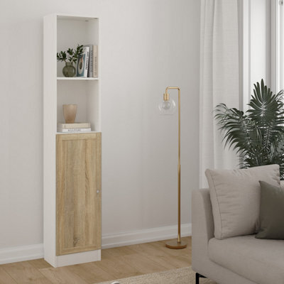Furniture To Go Basic Tall Narrow Combination Storage Bookcase In White (4 Shelves) With Glass Oak Door - image 1