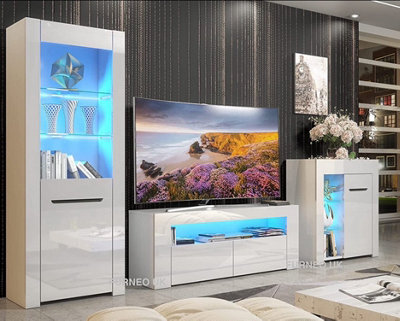 Furneo High Gloss & Matt White Living Room Set Tv Stand Sideboard Display Cabinet Milano Blue Led Lights - image 1