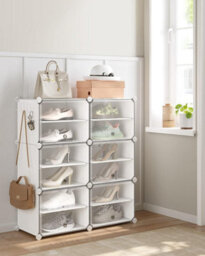 Songmics Interlocking Shoe Rack Cabinet, 6-Slot Modular Storage Organiser Unit, With Doors, Steel Frame, Plastic Panels, White