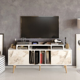 Decorotika Char Tv Stand Tv Unit For Tvs Up To 72 Inch White And White Marble Effect
