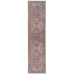 Loomed Distressed Red Multicolour Persian Style Washable Non Slip Runner Rug 80X300Cm - thumbnail 1
