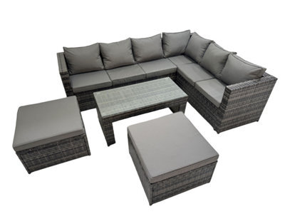 Fimous Outdoor Rattan Oblong Coffee Table Corner Sofa Sets Garden Furniture Set With Chair 2 Big Stools Dark Grey Mixed - image 1