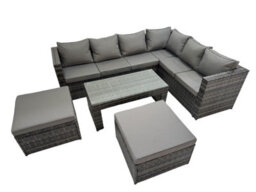 Fimous Outdoor Rattan Oblong Coffee Table Corner Sofa Sets Garden Furniture Set With Chair 2 Big Stools Dark Grey Mixed - thumbnail 1