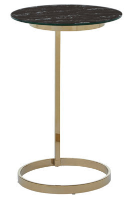 Orsina End Table With Black Marble Effect Glass Top, Warm Metallic Stainless Steel Frame, Round Side Table - image 1