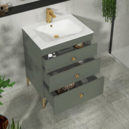 Royal Bathrooms Royal Bathroom Verona 600mm Matt Green 3-Drawer Floor Standing Bathroom Vanity Unit With Carrara White Basin & Brushed Brass Knob - thumbnail 5