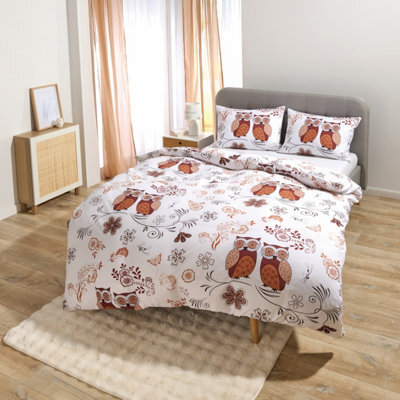 Single Owl Duvet Cover Set  Reversible Floral Owl Print Bedding With Pillowcase, Polyester, Zip Closure