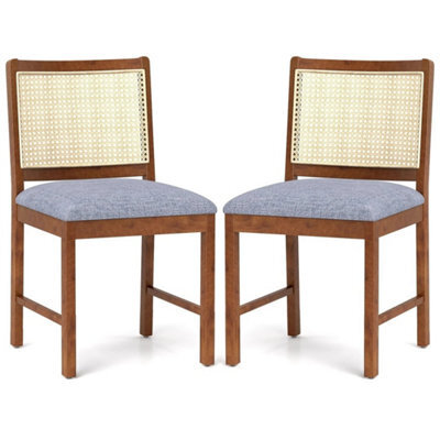 Rattan Dining Chair Set Of 2 Wooden Upholstered Kitchen Chairs-Brown - image 1