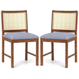 Rattan Dining Chair Set Of 2 Wooden Upholstered Kitchen Chairs-Brown - thumbnail 1