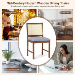 Rattan Dining Chair Set Of 2 Wooden Upholstered Kitchen Chairs-Brown - thumbnail 4