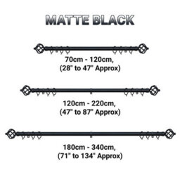 A.unique Home Twisted Metal Extendable Curtain Pole With Rings And Fittings (25/28mm) - Matte Black, 180Cm - 340Cm Approx - thumbnail 6
