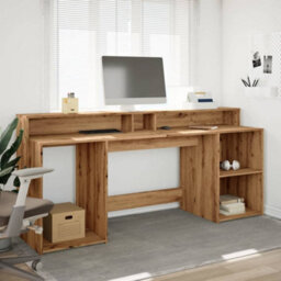 Berkfield Desk With Led Lights Artisian Oak 200X55X91 Cm Engineered Wood - thumbnail 4