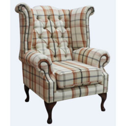 Chesterfield High Back Armchair Balmoral Autumn Checked Fabric In Queen Anne Style