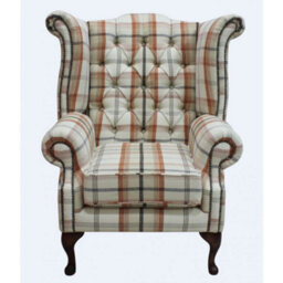 Chesterfield High Back Armchair Balmoral Autumn Checked Fabric In Queen Anne Style - thumbnail 2