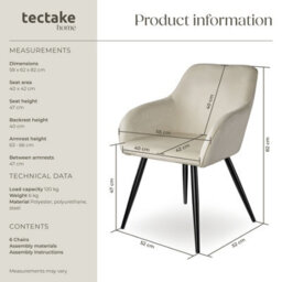 Tectake Set Of 6 Dining Chair Marilyn - With Armrests, Padded, Velvet Look, Black Steel Legs  - Cream/black - thumbnail 6