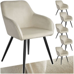 Tectake Set Of 6 Dining Chair Marilyn - With Armrests, Padded, Velvet Look, Black Steel Legs  - Cream/black