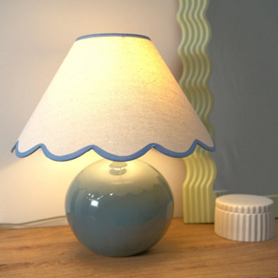 Valuelights Bosco Eucalyptus Ceramic Table Lamp With Blue Trim Scallop Shade