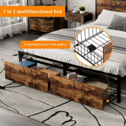 Merax 4Ft6 Single Metal Bed 135 X 190 Cm, Wrought Iron Frame With Led Light, Usb & Type-C Ports And Storage Drawer, Black + Walnut - thumbnail 7
