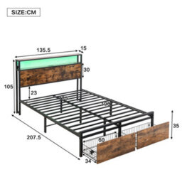 Merax 4Ft6 Single Metal Bed 135 X 190 Cm, Wrought Iron Frame With Led Light, Usb & Type-C Ports And Storage Drawer, Black + Walnut - thumbnail 4