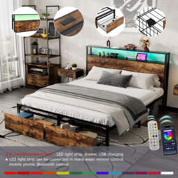 Merax 4Ft6 Single Metal Bed 135 X 190 Cm, Wrought Iron Frame With Led Light, Usb & Type-C Ports And Storage Drawer, Black + Walnut - thumbnail 6