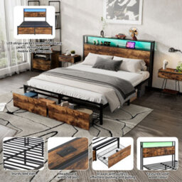 Merax 4Ft6 Single Metal Bed 135 X 190 Cm, Wrought Iron Frame With Led Light, Usb & Type-C Ports And Storage Drawer, Black + Walnut - thumbnail 5