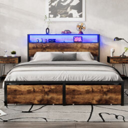 Merax 4Ft6 Single Metal Bed 135 X 190 Cm, Wrought Iron Frame With Led Light, Usb & Type-C Ports And Storage Drawer, Black + Walnut - thumbnail 2
