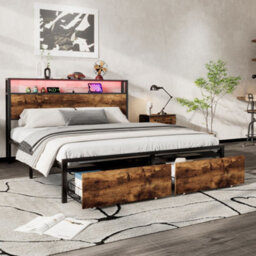 Merax 4Ft6 Single Metal Bed 135 X 190 Cm, Wrought Iron Frame With Led Light, Usb & Type-C Ports And Storage Drawer, Black + Walnut - thumbnail 1