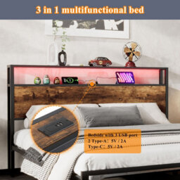 Merax 4Ft6 Single Metal Bed 135 X 190 Cm, Wrought Iron Frame With Led Light, Usb & Type-C Ports And Storage Drawer, Black + Walnut - thumbnail 8