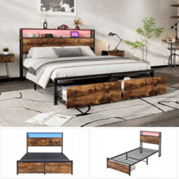 Merax 4Ft6 Single Metal Bed 135 X 190 Cm, Wrought Iron Frame With Led Light, Usb & Type-C Ports And Storage Drawer, Black + Walnut - thumbnail 9