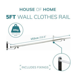 House Of Home Chrome Heavy Duty Wall Mounted Clothes Rail 5Ft Wardrobe Storage & Organiser - thumbnail 2
