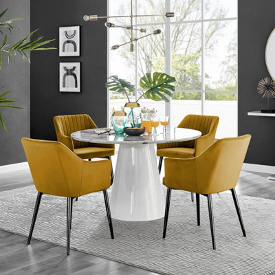 Furniturebox Uk Palma White Marble Effect Round Dining Table & 4 Mustard Calla Black Leg Chairs