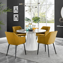 Furniturebox Uk Palma White Marble Effect Round Dining Table & 4 Mustard Calla Black Leg Chairs - thumbnail 1