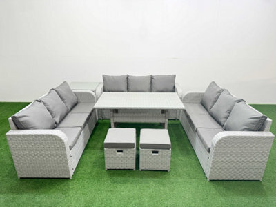 Fimous Pe Rattan Lounge Sofa Set 11 Seater Outdoor Garden Furniture Set Rectangular Dining Table 3 Seater Sofa 2 Stools Side Table - image 1