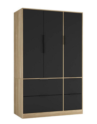 Urbn-Living Urbnliving 3 Door Wardrobe With 4 Drawers Wooden Bedroom Storage Cupboard With Hanging Rail For Clothes - Oak Unit & Black Doors - image 1