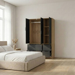 Urbn-Living Urbnliving 3 Door Wardrobe With 4 Drawers Wooden Bedroom Storage Cupboard With Hanging Rail For Clothes - Oak Unit & Black Doors - thumbnail 3
