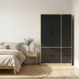 Urbn-Living Urbnliving 3 Door Wardrobe With 4 Drawers Wooden Bedroom Storage Cupboard With Hanging Rail For Clothes - Oak Unit & Black Doors - thumbnail 2