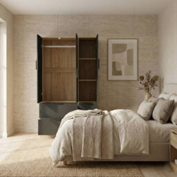 Urbn-Living Urbnliving 3 Door Wardrobe With 4 Drawers Wooden Bedroom Storage Cupboard With Hanging Rail For Clothes - Oak Unit & Black Doors - thumbnail 6