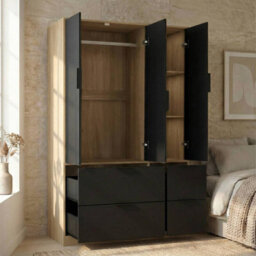 Urbn-Living Urbnliving 3 Door Wardrobe With 4 Drawers Wooden Bedroom Storage Cupboard With Hanging Rail For Clothes - Oak Unit & Black Doors - thumbnail 5