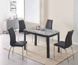 Furnizone UK Milano 4-Seater Grey Marble-Effect Glass Dining Table And 4 Modalux Black Faux Leather Chairs