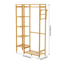 Thehotsale Natural Freestanding Wooden Clothes Rack With Hooks And Shelves - thumbnail 9
