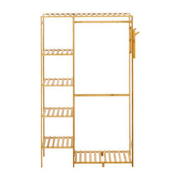 Thehotsale Natural Freestanding Wooden Clothes Rack With Hooks And Shelves - thumbnail 3