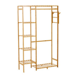 Thehotsale Natural Freestanding Wooden Clothes Rack With Hooks And Shelves - thumbnail 4
