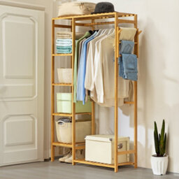 Thehotsale Natural Freestanding Wooden Clothes Rack With Hooks And Shelves